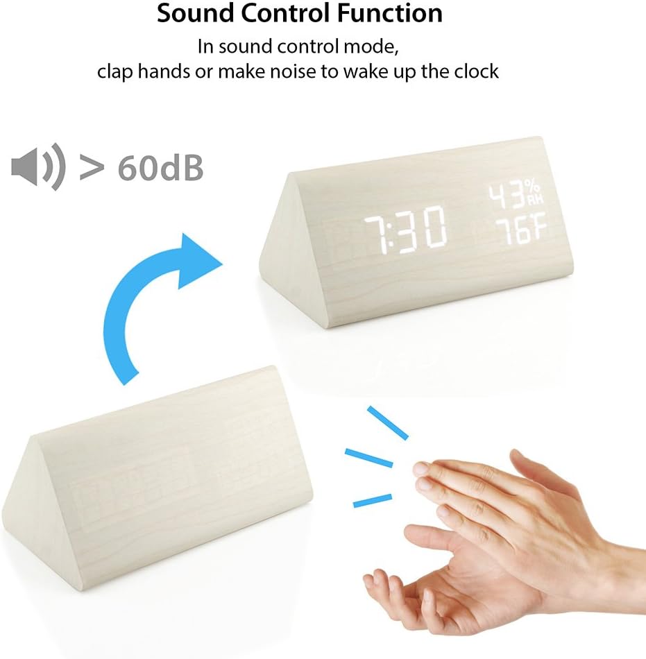 OCT17 Wooden Alarm Clock, Smart LED Digital Clock for Bedroom/desks, Upgraded with Time Temperature, Adjustable Brightness and Voice Control, Humidity Displaying - Black