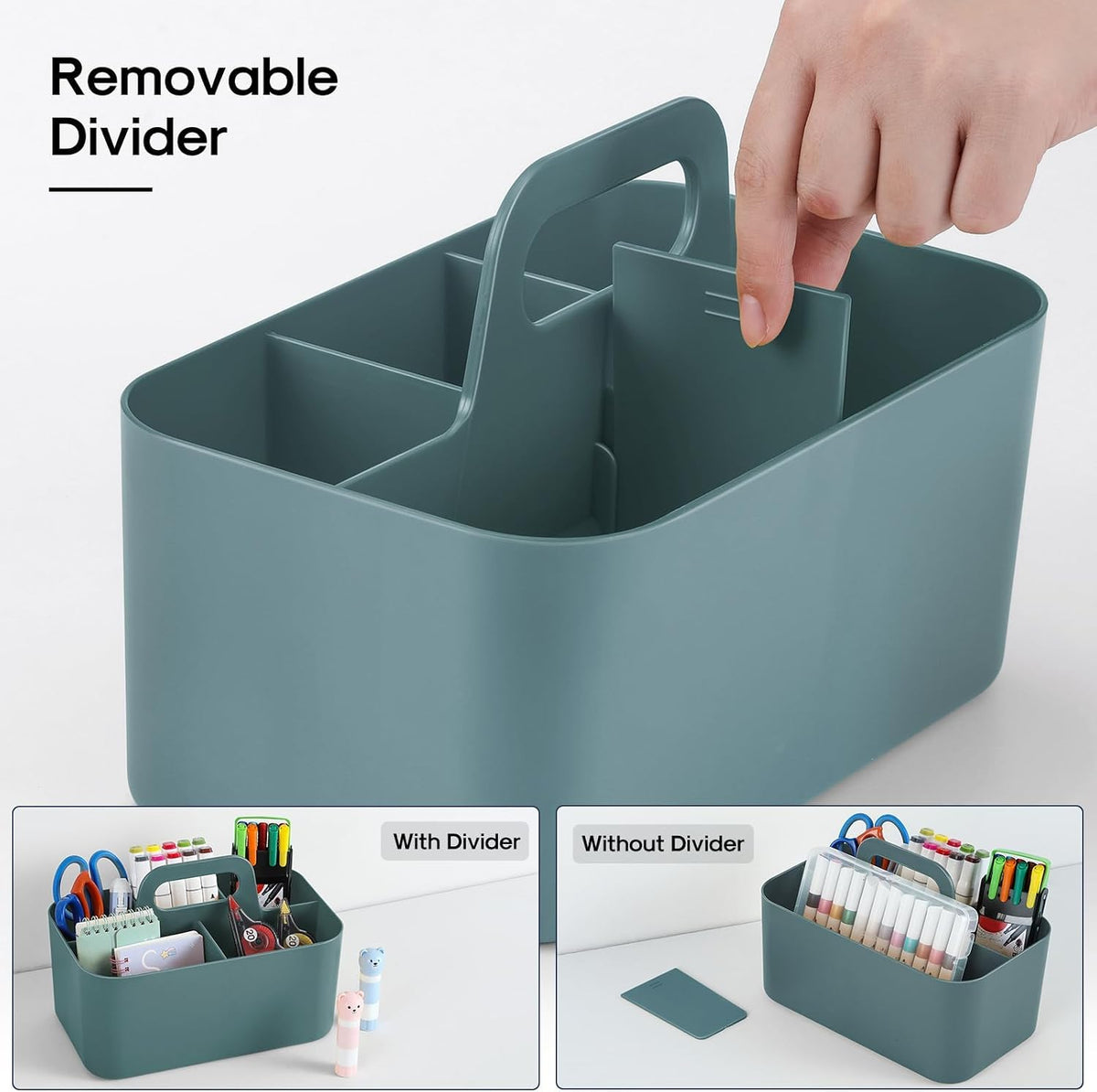 Multiuse Caddy Organizer with Handle, Portable Divided Plastic Tote Bin - Art Craft, Stationary Pen Marker Crayons, Makeup Hair Supplies Storage - Bathroom, Classroom, Dorm, Office, Desk Holder -Black