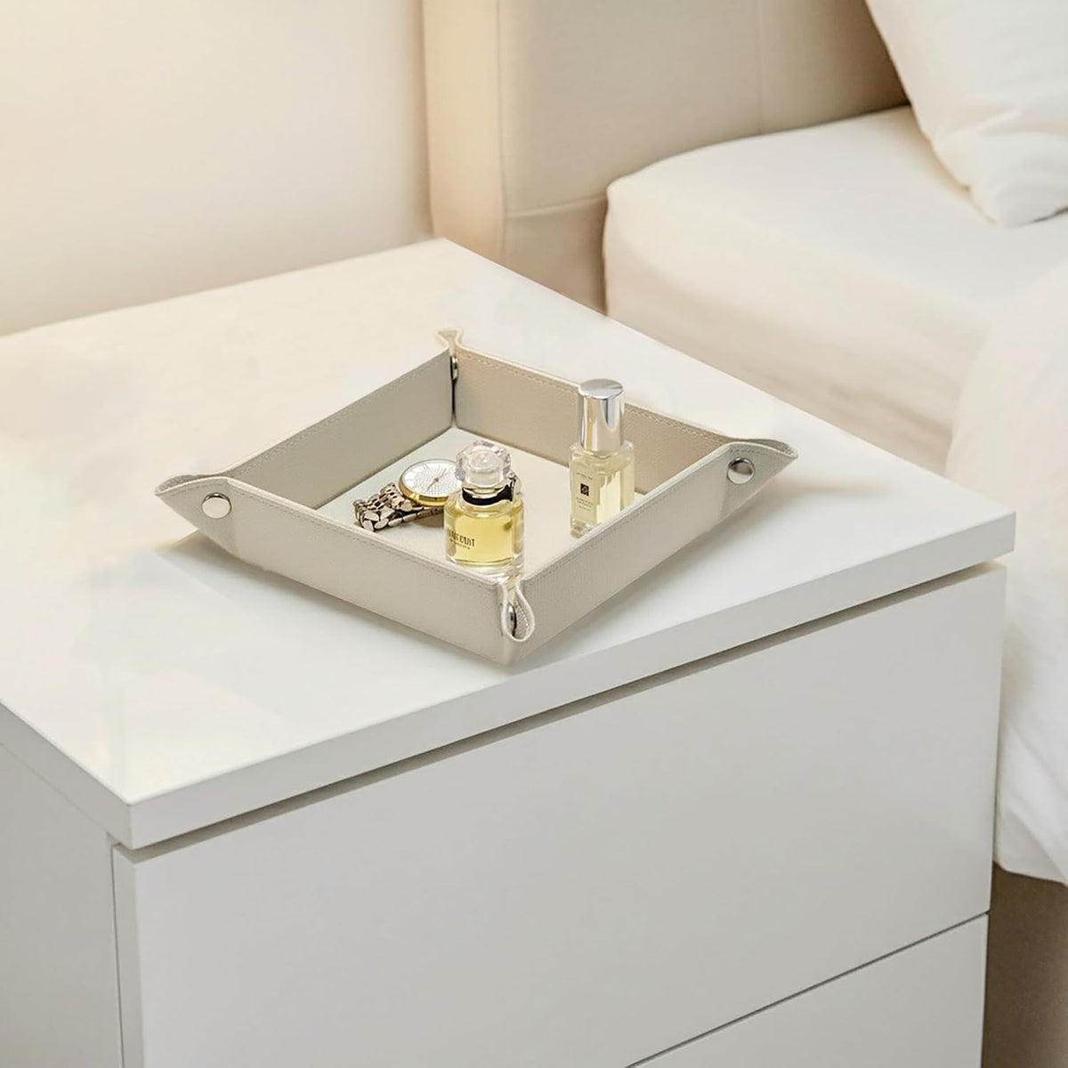 Small Valet Tray, Jewelry Tray for Rings Watches Earrings, Entryway Catchall Caddy for Coins Keys Change, Nightstand Bedside Valet Holder, Trays for Electronic Gadgets, Beige - Colors A