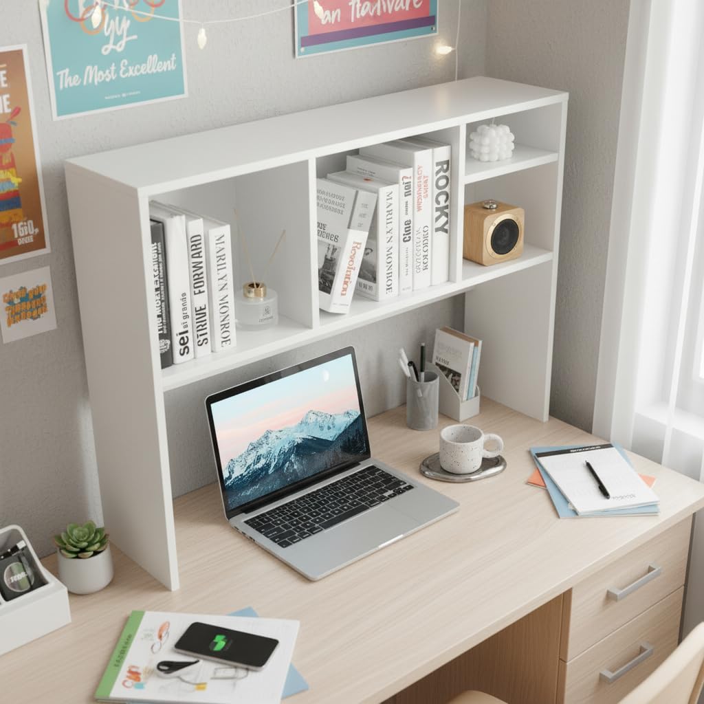 Desktop Bookshelf, Countertop Storage Hutch with 5 Shelves for Computer Desk, Desk 3-Tier Display Rack, Multipurpose Wood Desktop Hutch Storage Organizer for Dorm Office Home