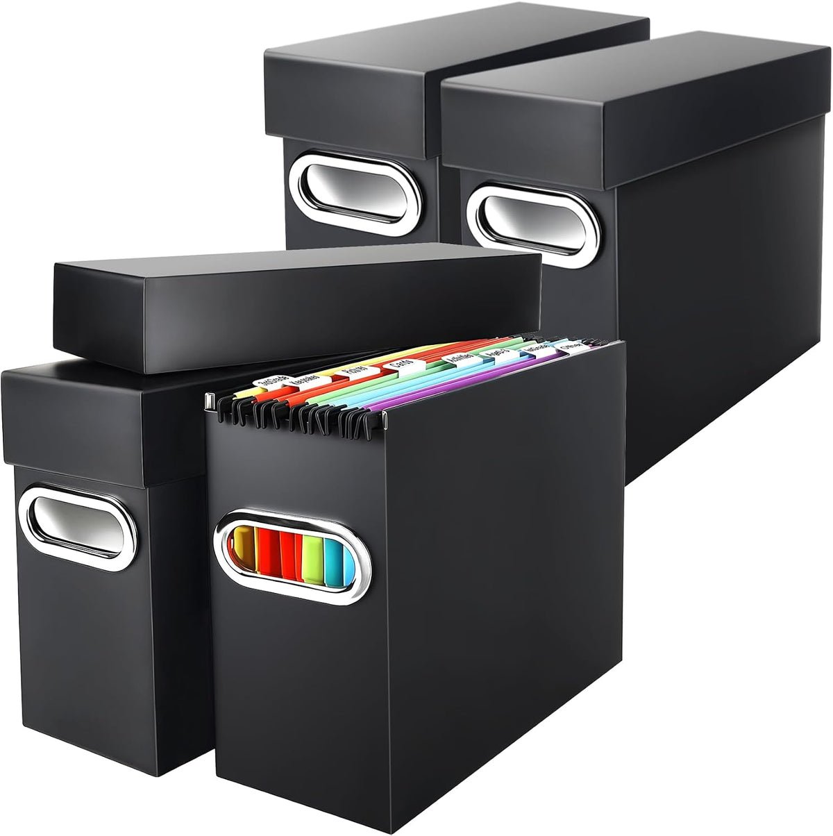 File Organizer Box with Lid & Handle, Thickened Cardboard Hanging File Folder Storage Boxes for Letter Size, Portable Filing Organizer for Office, Home, Classroom, Black