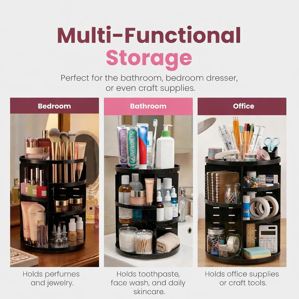 Masirs 360 Rotating Makeup Organizer Countertop - Adjustable Shelf Height - The Perfect Round Spinning Cosmetic Organizer for Bedroom Dresser or Vanity Countertop Storage (Clear)