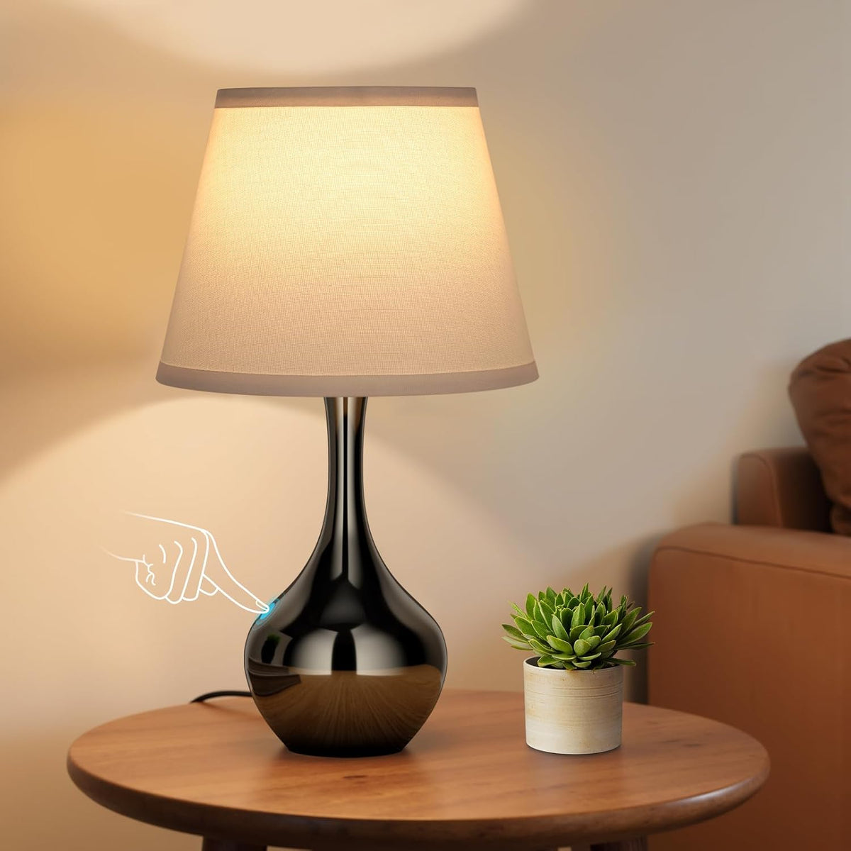 Seealle Touch Table Lamp for Bedroom, 3-Way Dimmable Small Bedside Lamps for Night Stands with Wires, Wood-Paint Desk Lamp for Kids Room, Office, Living Room, End Table(LED Bulb Included)
