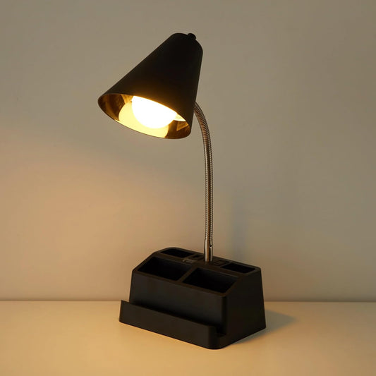 15" Organizer Desk Lamp Black - USB Port & AC Outlet, 4 Compartment Storage Base | Phone/Tablet Holder, Flexible Gooseneck | No Assembly, Matte Finish | Desk/Nightstand | Home Office/Dorm Essential