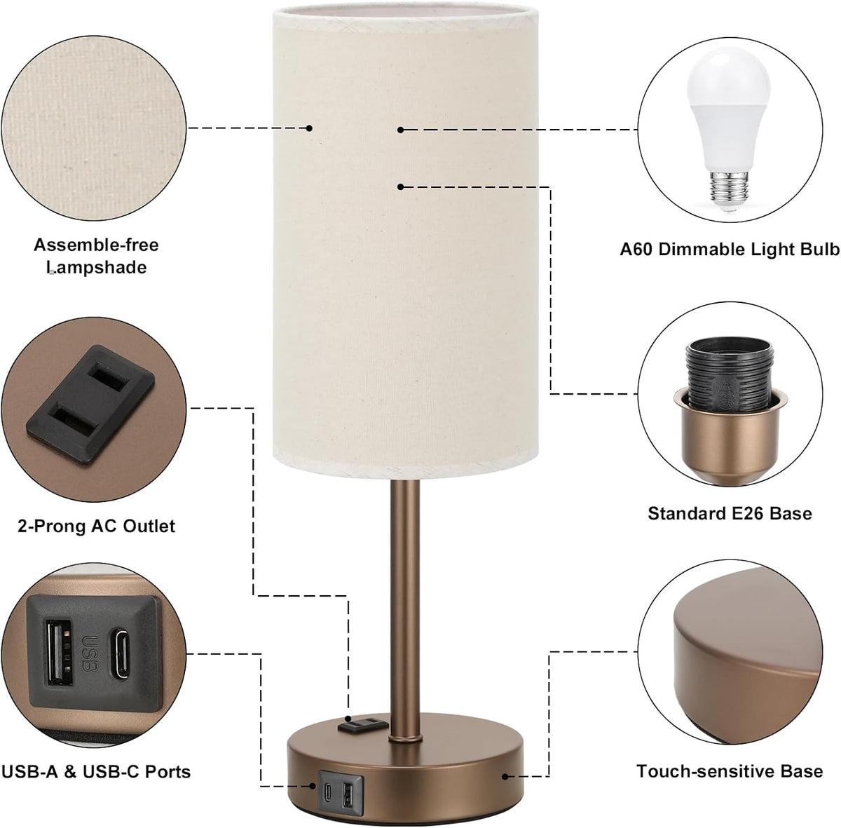 Fenmzee Bedside Table Lamp for Bedroom - Dimmable Touch, USB A+C, AC Outlet