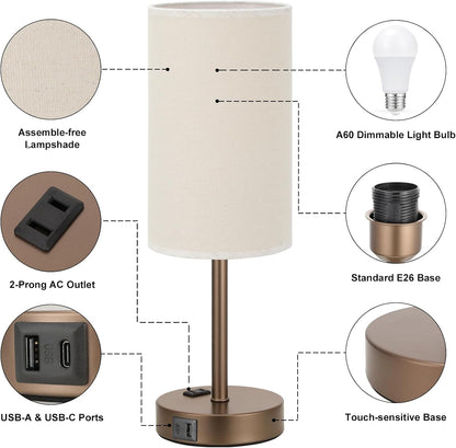 Fenmzee Bedside Table Lamp for Bedroom - Dimmable Touch, USB A+C, AC Outlet