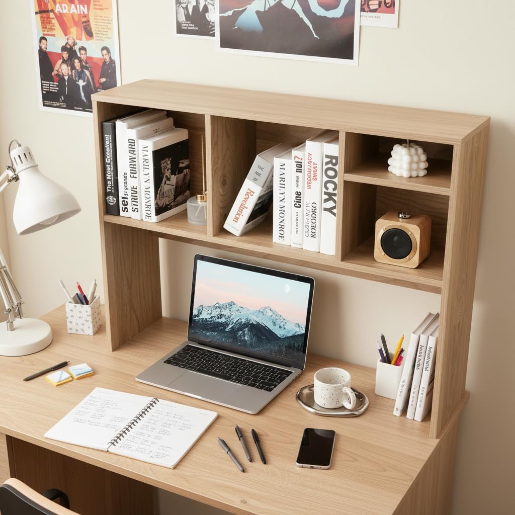 Desktop Bookshelf, Countertop Storage Hutch with 5 Shelves for Computer Desk, Desk 3-Tier Display Rack, Multipurpose Wood Desktop Hutch Storage Organizer for Dorm Office Home