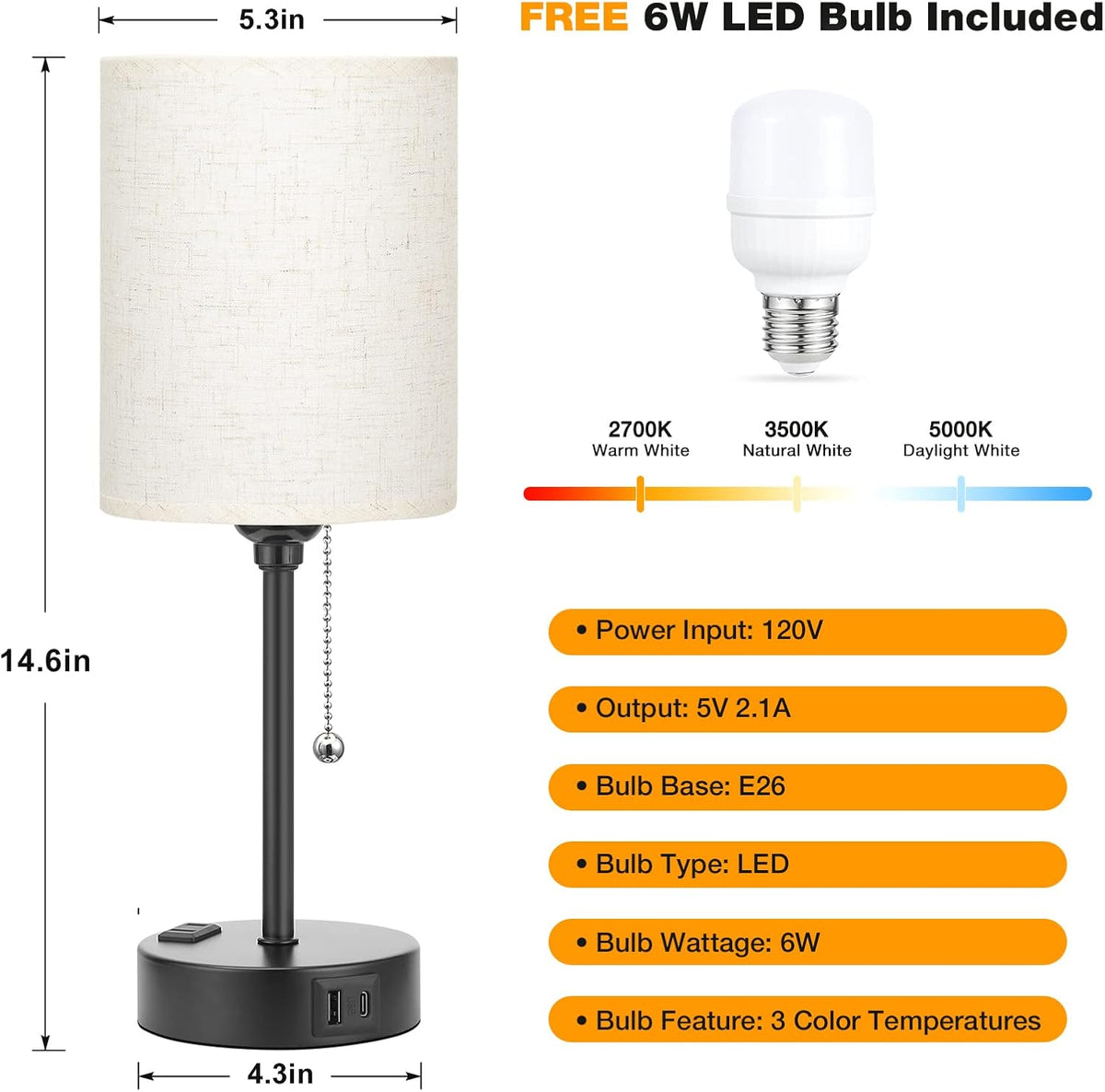 Dicoool Bedside Table Lamp for Bedroom - Small Desk Lamp with USB Ports