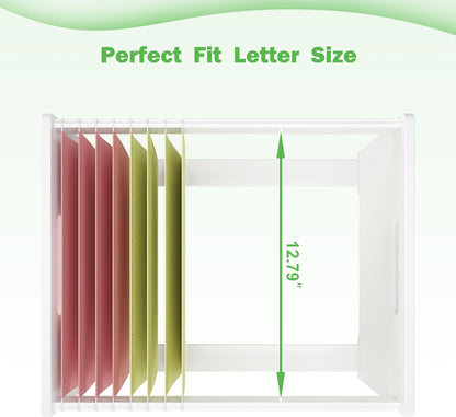 Hanging File Box Organizer for Letter Size, Bamboo Acrylic File Folder Storage with Lid Clear Moving Boxes Wooden with Handle Desktop Wood Filing Holder for Office Banker Document White 1 Pack