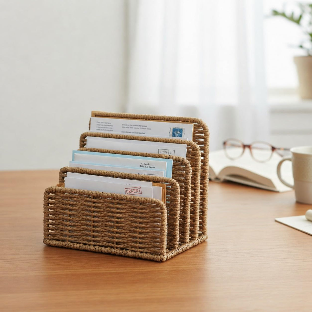 Desk Mail Organizer, 3-Slot Woven Letter Sorter File Tray, Multi-Purpose Desk Holder for Envelopes, Bills, Documents, Notebooks, Office and Home Use