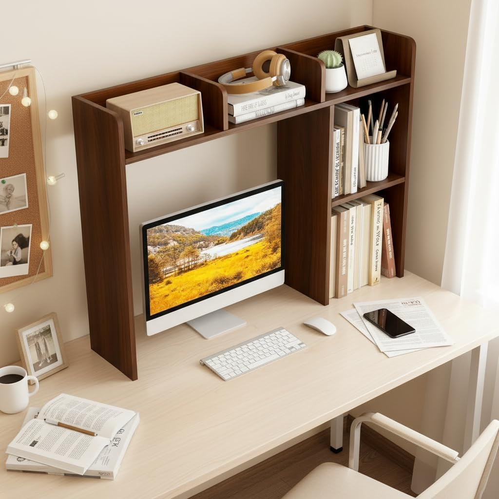 Desktop Bookshelf, Countertop Storage Hutch with 5 Shelves for Computer Desk, Desk 3-Tier Display Rack, Multipurpose Wood Desktop Hutch Storage Organizer for Dorm Office Home