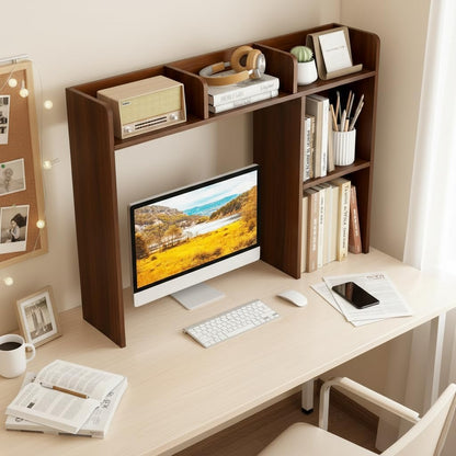 Desktop Bookshelf, Countertop Storage Hutch with 5 Shelves for Computer Desk, Desk 3-Tier Display Rack, Multipurpose Wood Desktop Hutch Storage Organizer for Dorm Office Home