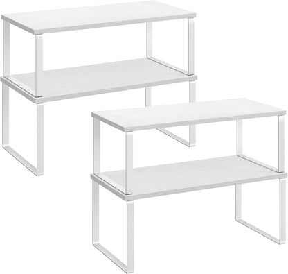 SONGMICS Cabinet Organizer Shelf, Set of 4 Kitchen Counter Shelves, Kitchen Storage, Spice Rack, Stackable, Expandable, Metal and Engineered Wood, Cloud White and Natural Beige UKCS010N01