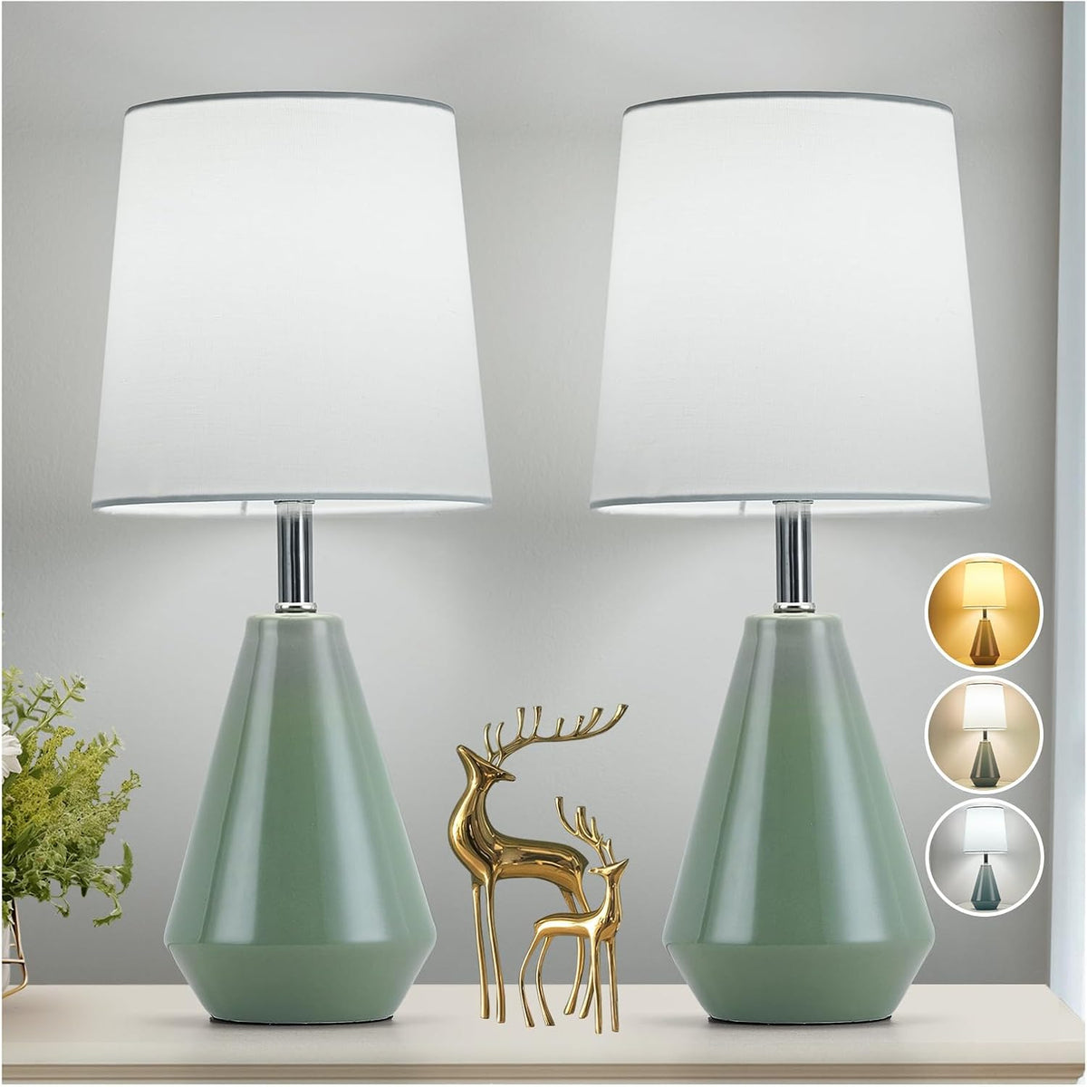 Small Bedside Table Lamp for Bedroom - Reading Desk Lamp with 3 Color Temperatures，15.5" Nightstand Ceramic Lamp with Fabric Shade for Kids Room,Living Room,Dorm,Home Office (Green)