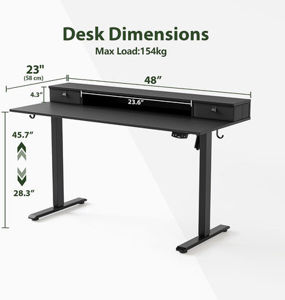 48 * 24 Inch Electric Standing Desk with Shelf & Led, Dark Walnut