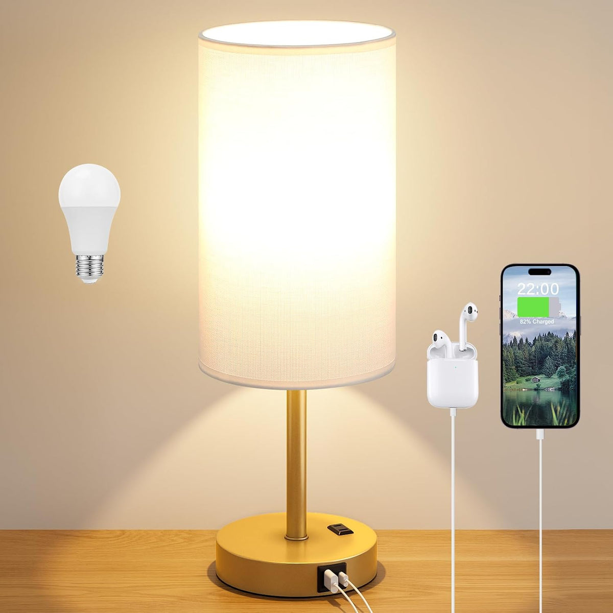 Dicoool Bedside Table Lamp for Bedroom - 3-Way Dimmable Touch Lamp, USB A+C