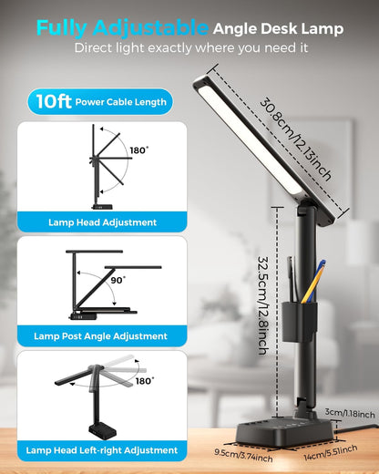 LED Desk Lamp with Power Strip, 3 AC Outlets & 4 USB Ports (2 USB-C), Stepless Dimming & 2800K-6500K Eye-Caring Desk Light, Foldable Table Lamp with 5FT Cord for Home Office, Dorm Room Essentials