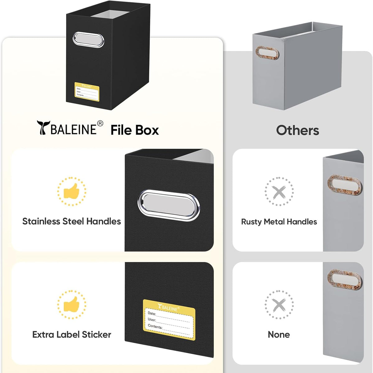 BALEINE File Organizer Box, Cardboard File Folder Organizer with Handle for Letter Size, Portable Collapsible Hanging Filing Box for Home Office Document Storage (2 Pack, Black)