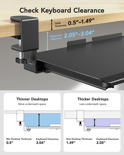 HUANUO Keyboard Tray Under Desk, Keyboard Holder with C-Clamp Hardware, 26.5″ W x 11.8″ D Slide Out Computer Keyboard & Mouse Tray for Home Office, Black, HNKB12B, Large