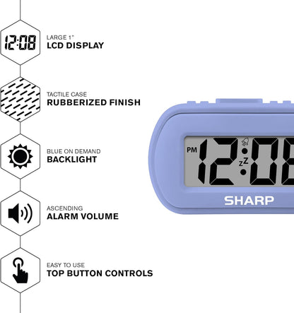 Sharp Digital Alarm Clock – Tactile Plastic Case with Soft Rubberized Finish - Battery Operated – Blue Backlight on Demand – Ascending Alarm – Easy to Use – Charcoal Black