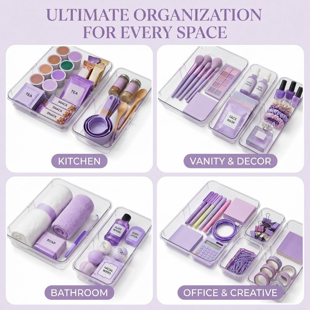 Expandable Clear Drawer Organizer, 3-Size Extendable Drawer Divider, Adjustable Plastic Storage Box, Arcrylic Storage Bins for Makeup Vanity Drawer Dresser DIY Desk Office Kitchen Utensils