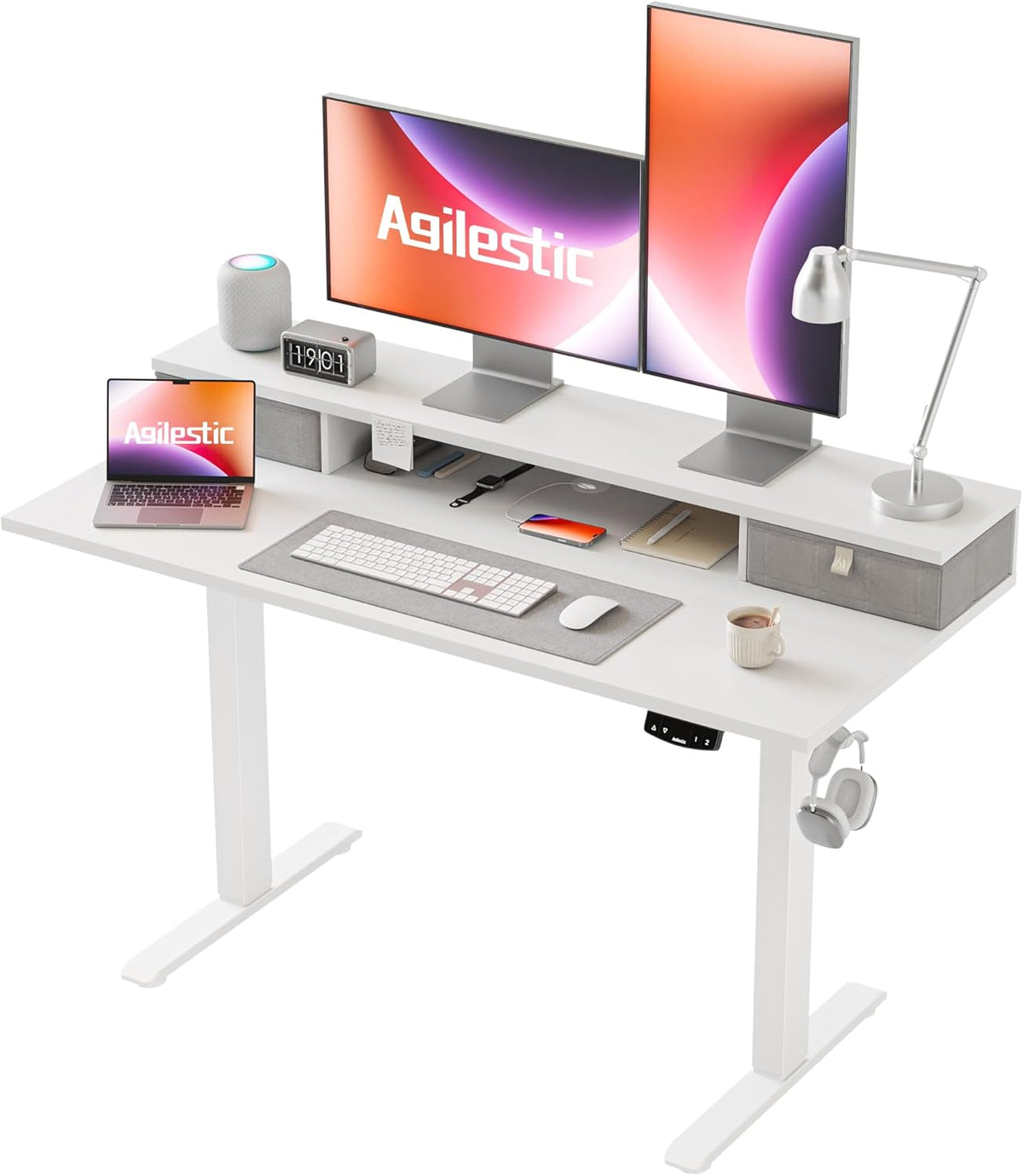 48 * 24 Inch Electric Standing Desk with Shelf & Led, Dark Walnut
