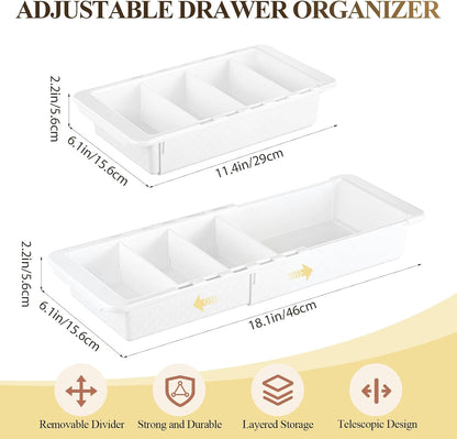 2 Pcs Expandable Drawer Organizer Bins Adjustable Deep Drawer Hanging Organizer Tray Expandable 11.4 to 18.1 Inches Plastic Dividers Storage for Office Bathroom Bedroom Kitchen Desk, White
