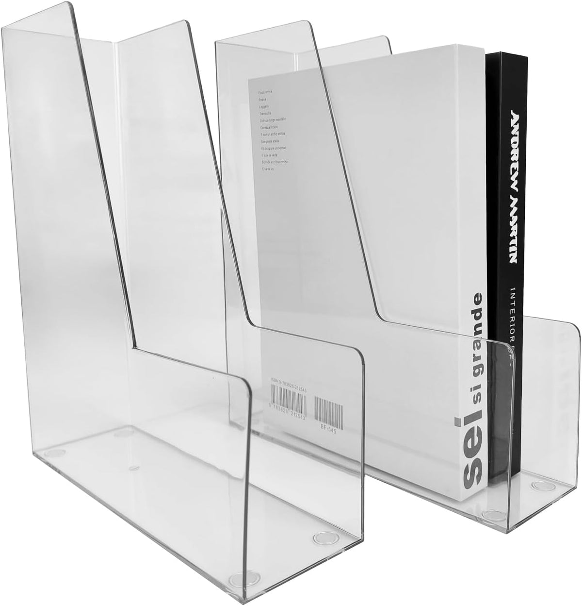 Clear Vertical File Holder, 2 pack, for Home Office | Clear plastic Magazine Organizer, 2-pack. Multi-purpose document organizer for home office, school. Space-saving storage.