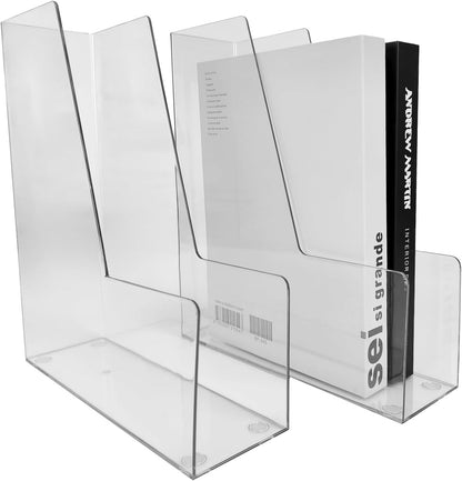 Clear Vertical File Holder, 2 pack, for Home Office | Clear plastic Magazine Organizer, 2-pack. Multi-purpose document organizer for home office, school. Space-saving storage.