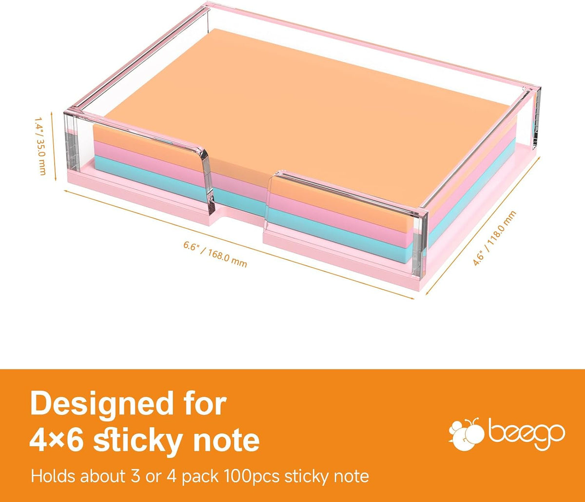 BEEGO Sticky Note Organizer - 4x6 in Crystal Clear Acrylic Notepad Holder & Dispenser for Dorm Room Office Desk Organization