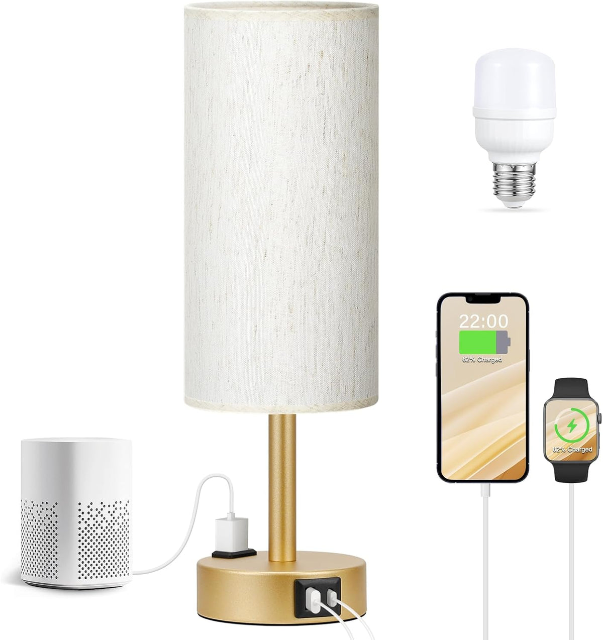 Fenmzee Bedside Table Lamp for Bedroom - Dimmable Touch, USB A+C, AC Outlet