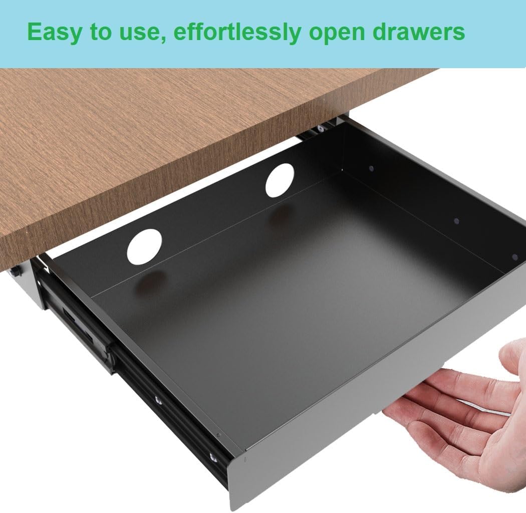 Under Desk Mounted Slide out Drawer, W 13.4" x D 9.3" Storage Organizer with Cable Management，Pull Out Add-On Storage for Office & Standing Desks with High Crossbar, Metal, Black (Medium)