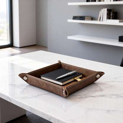 Valet Tray Desktop Storage Organizer – Vegan Leather Catchall Bedside Vanity Tray Nightstand Caddy Holder for Remote Controller, Watch, Keys, Phone, Wallet, Coin, Jewelry (Orange/Black)