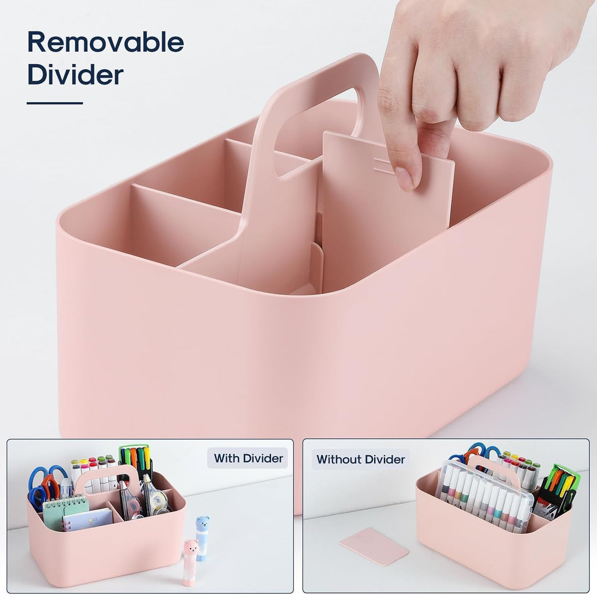Multiuse Caddy Organizer with Handle, Portable Divided Plastic Tote Bin - Art Craft, Stationary Pen Marker Crayons, Makeup Hair Supplies Storage - Bathroom, Classroom, Dorm, Office, Desk Holder -Black