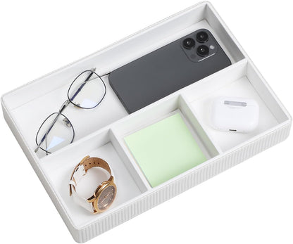 PU Leather Valet Tray, Decorative Trinket Vanity Desk Drawer Organizer Tray, Perfume Dish Catch All Bowl for Keys, Nightstand Drawer Organizer Women Men with 4 Compartments (Cream-White)