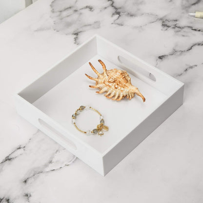 KEVLANG Glossy White Sturdy Acrylic Serving Tray with Handles-12x20 Inch-Serving Coffee Appetizer Breakfast-Kitchen Countertop Makeup Drawer Organizer-Vanity Table Ottoman Decorative Tray