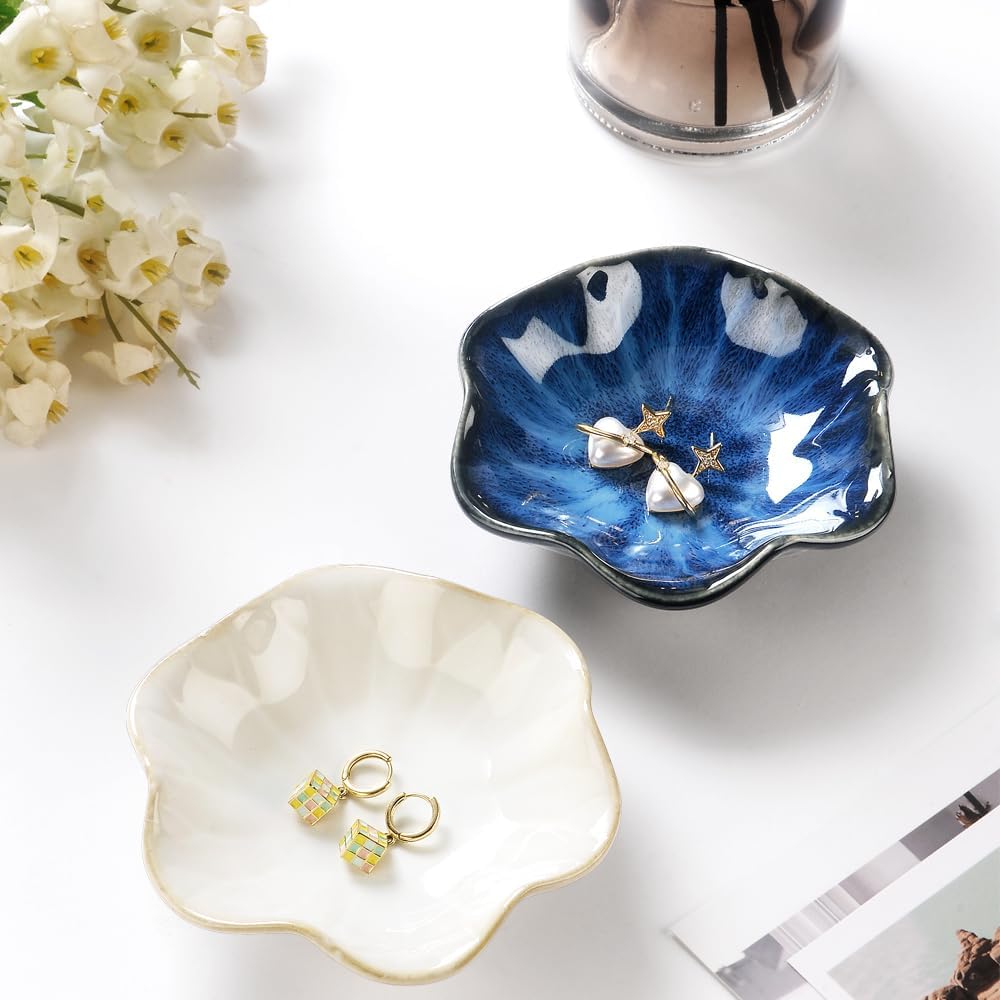 Ring Dish, Kiln Glaze Jewelry Trinket Tray, Gifts for Women I Lotus Leaf Necklace Earrings Holder on Nightstand Bathroom, Ceramic Cute Key Bowl, White. All Jewelries Are NOT Included.