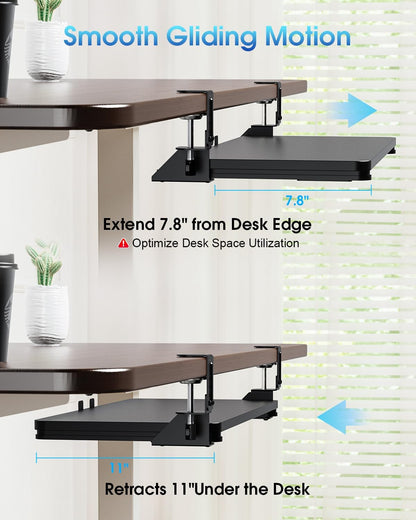 Small Keyboard Tray Under Desk, Pull Out Keyboard & Mouse Tray with Adjustable C-clamp, 20(25.9 Including Clamps) x 11.8 Inch Slide Out Computer Keyboard Drawer Mouse Tray for Typing, Walnut