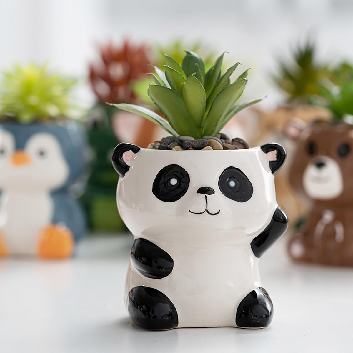 DIYOMR Cute Animals Planter, Mini Ceramic Cartoon Animal Shaped Succulent Flower Pot Indoor Air Plants Holder, Smooth Shiny Decorative Flower Cactus Planter - Plants Not Included (Panda)