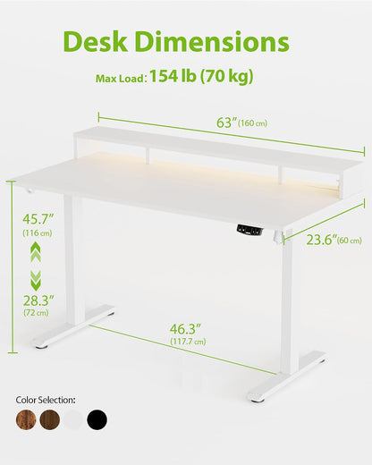 48 * 24 Inch Electric Standing Desk with Shelf & Led, Dark Walnut