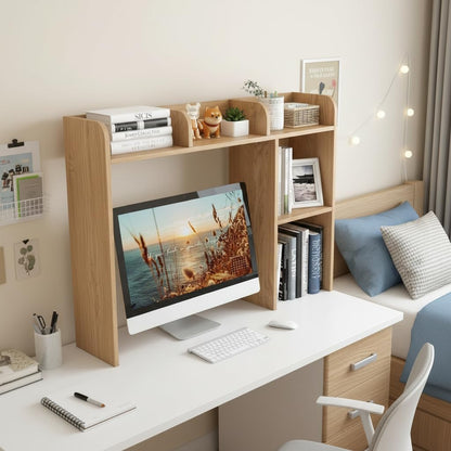 Desktop Bookshelf, Countertop Storage Hutch with 5 Shelves for Computer Desk, Desk 3-Tier Display Rack, Multipurpose Wood Desktop Hutch Storage Organizer for Dorm Office Home