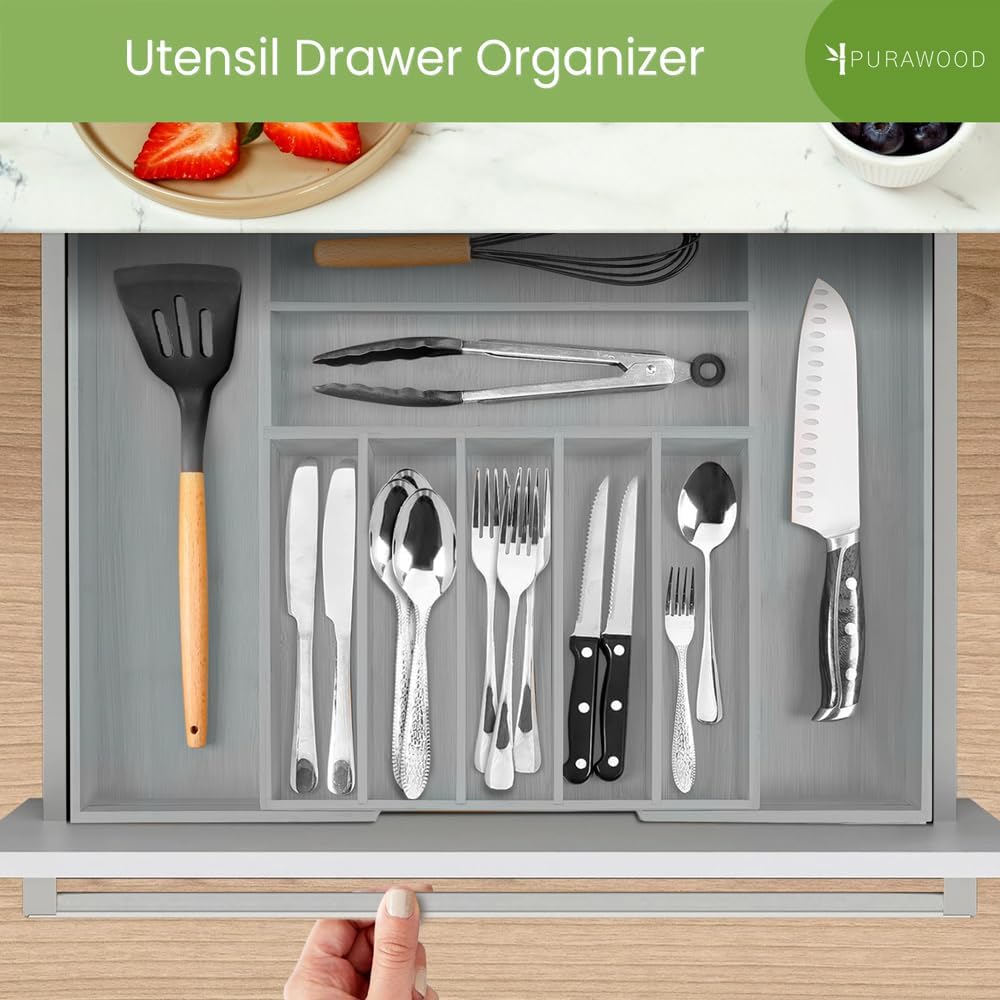 Purawood Kitchen Drawer Organizer - Expandable Utensil Drawer Organizer for Kitchen, Cutlery Tray & Silverware Organizer, 3-5 Slots - Bamboo Organizer for Utensils & Flatware (Natural)