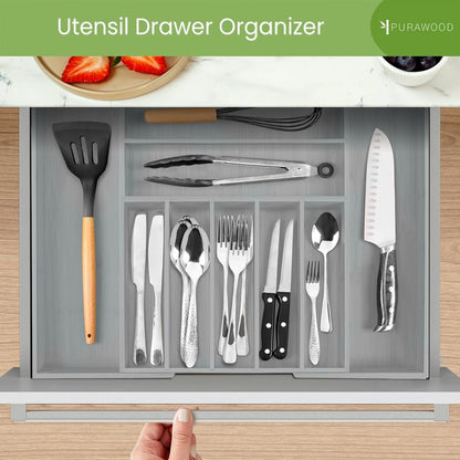 Purawood Kitchen Drawer Organizer - Expandable Utensil Drawer Organizer for Kitchen, Cutlery Tray & Silverware Organizer, 3-5 Slots - Bamboo Organizer for Utensils & Flatware (Natural)