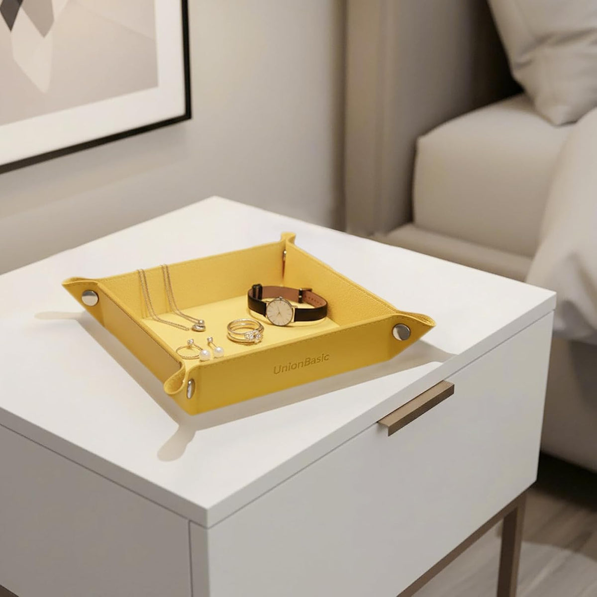 UnionBasic Small Valet Tray, Jewelry Tray for Rings Watches Earrings, Entryway Catchall Caddy for Coins Keys Change, Nightstand Bedside Valet Holder, Trays for Electronic Gadgets, Beige - Colors B