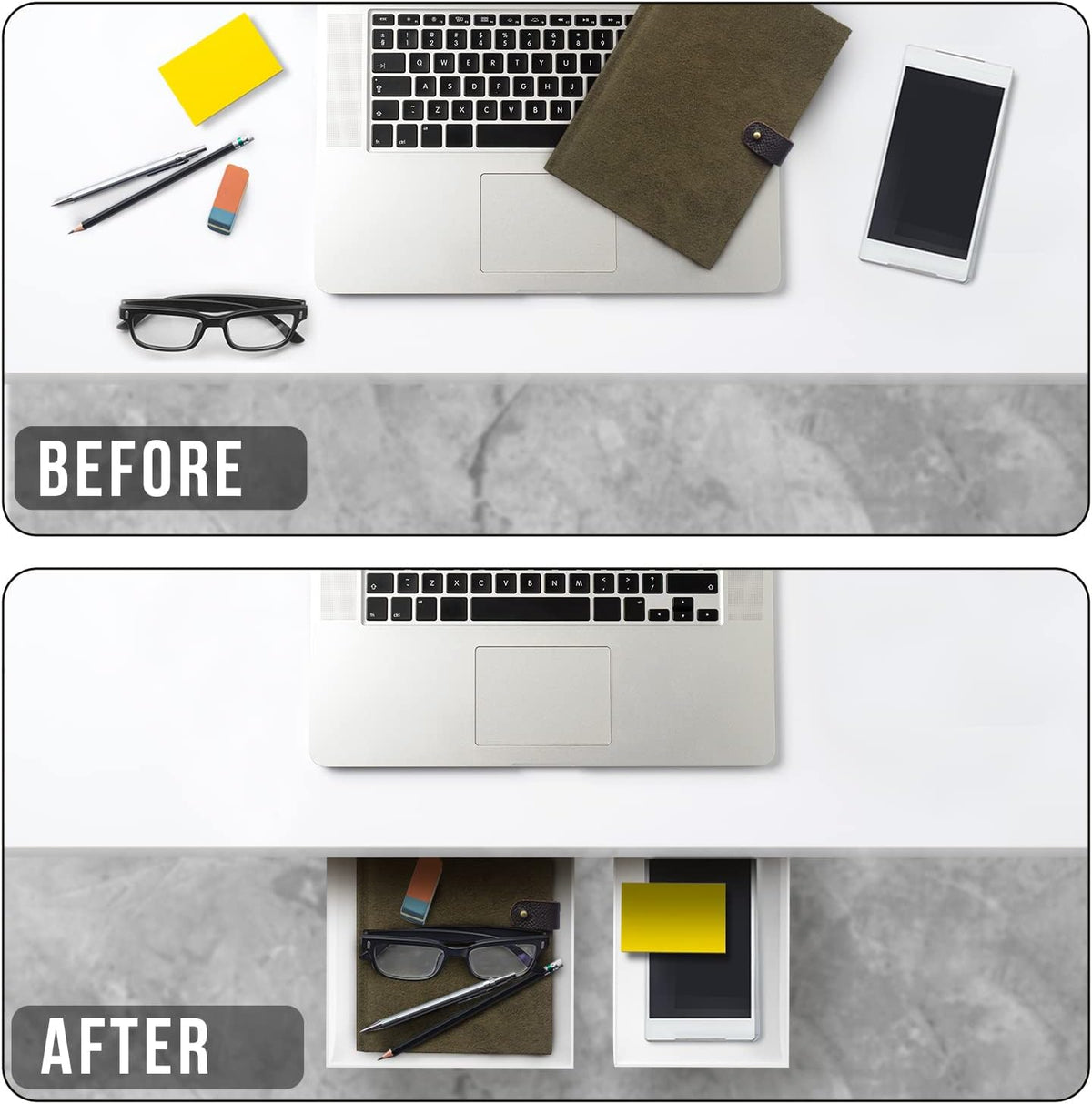 2 Pack Under Desk Drawer Organizer, Slide Out Storage for Pens, Cables & Office Accessories with Self Adhesive, No Drill Installation, Hidden Desk Storage for Office and Home