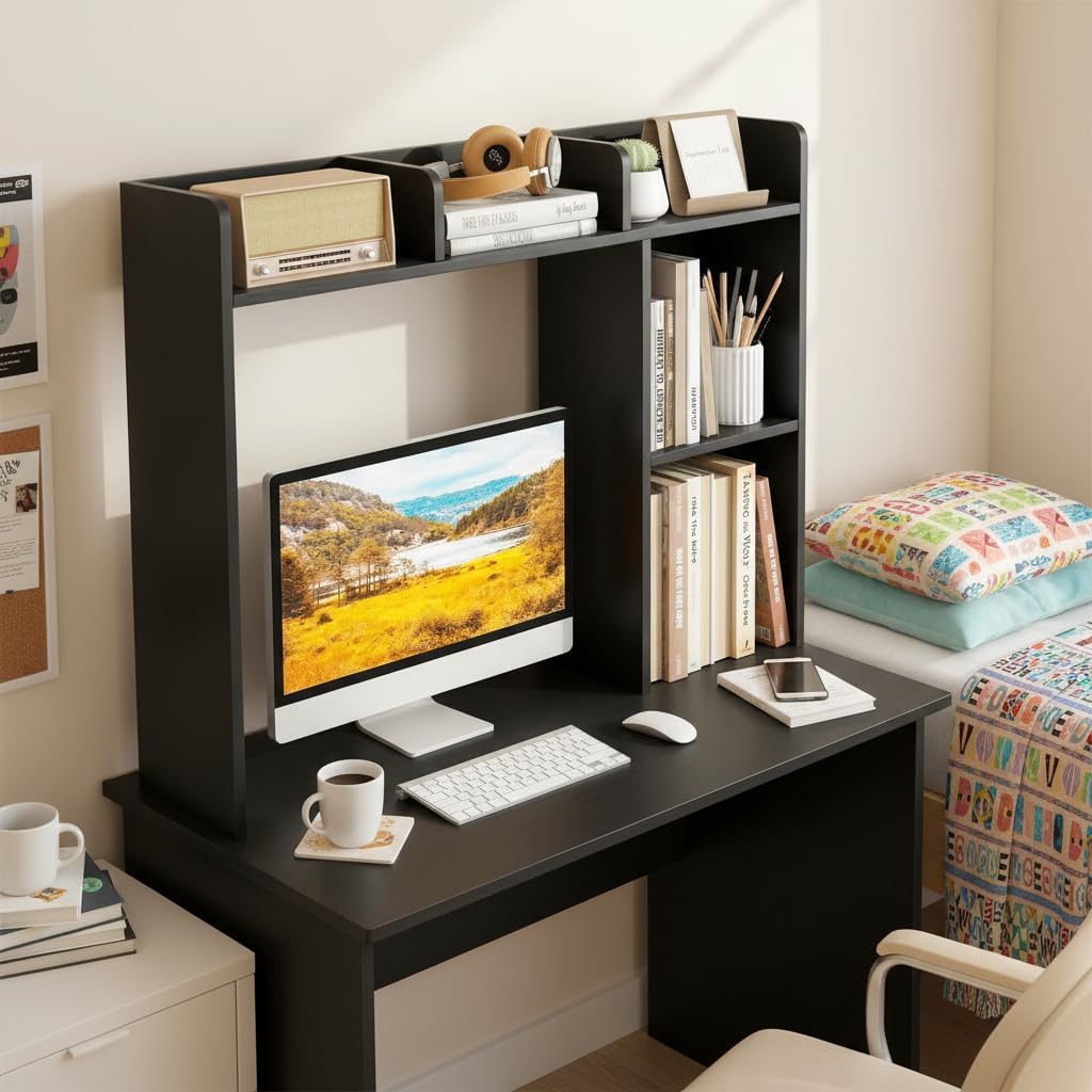 Desktop Bookshelf, Countertop Storage Hutch with 5 Shelves for Computer Desk, Desk 3-Tier Display Rack, Multipurpose Wood Desktop Hutch Storage Organizer for Dorm Office Home