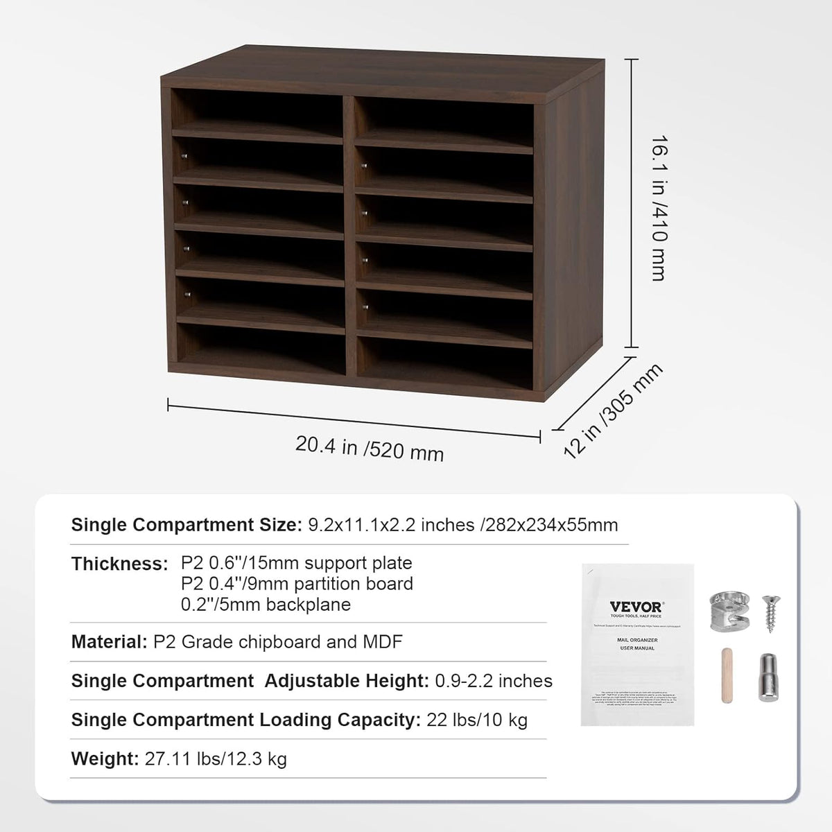 VEVOR Literature Organizers, 12 Compartments Office Mailbox with Adjustable Shelves, Wood Literature Sorter 20.4x12x16.1 inches for Office, Home, Classroom, Mailrooms Organization, EPA Certified White