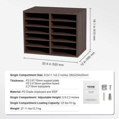 VEVOR Literature Organizers, 12 Compartments Office Mailbox with Adjustable Shelves, Wood Literature Sorter 20.4x12x16.1 inches for Office, Home, Classroom, Mailrooms Organization, EPA Certified White