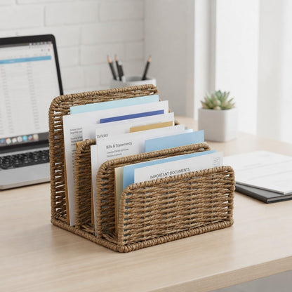 Desk Mail Organizer, 3-Slot Woven Letter Sorter File Tray, Multi-Purpose Desk Holder for Envelopes, Bills, Documents, Notebooks, Office and Home Use
