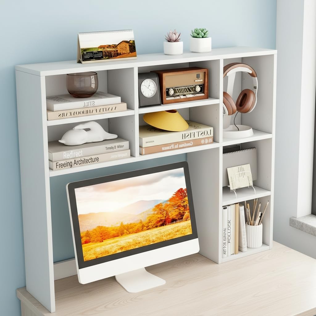Desktop Bookshelf, Countertop Storage Hutch with 5 Shelves for Computer Desk, Desk 3-Tier Display Rack, Multipurpose Wood Desktop Hutch Storage Organizer for Dorm Office Home